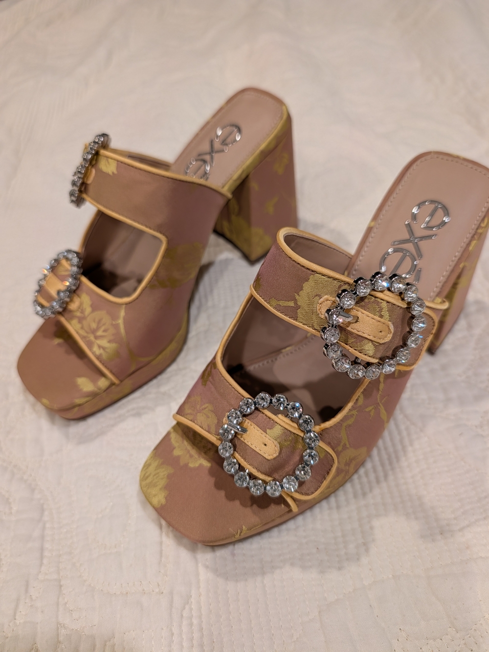 Brown And Yellow Satin Mules With Block Heels by Exe.